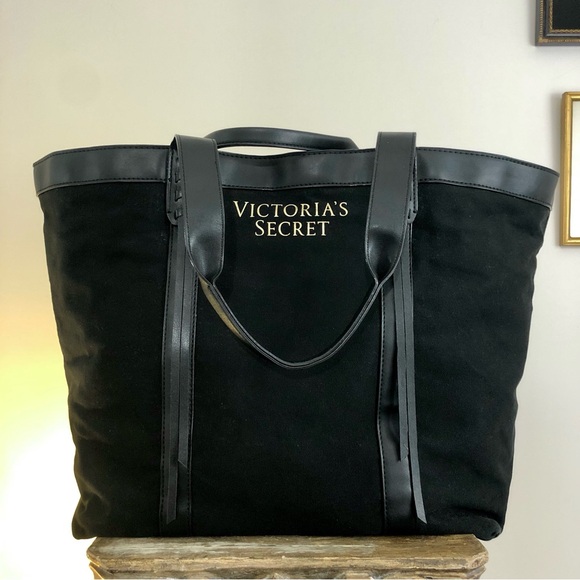 Extra Large Victoria’s Secret Black VS Tote Bag Shoulder Gold Faux Leather - Picture 9 of 11